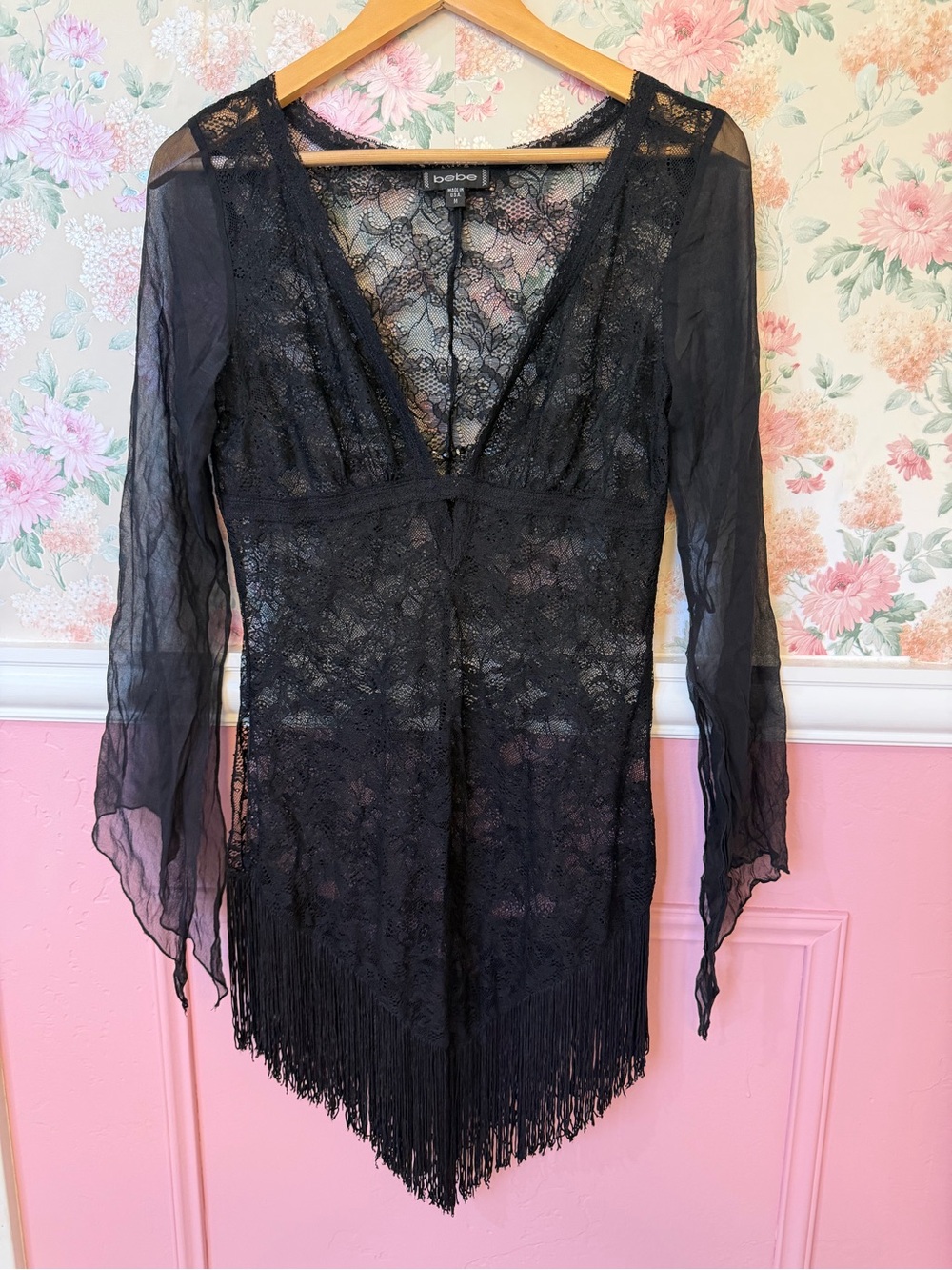 Y2K silk bebe Black Lace Fringe Sheer Tunic Chemise
